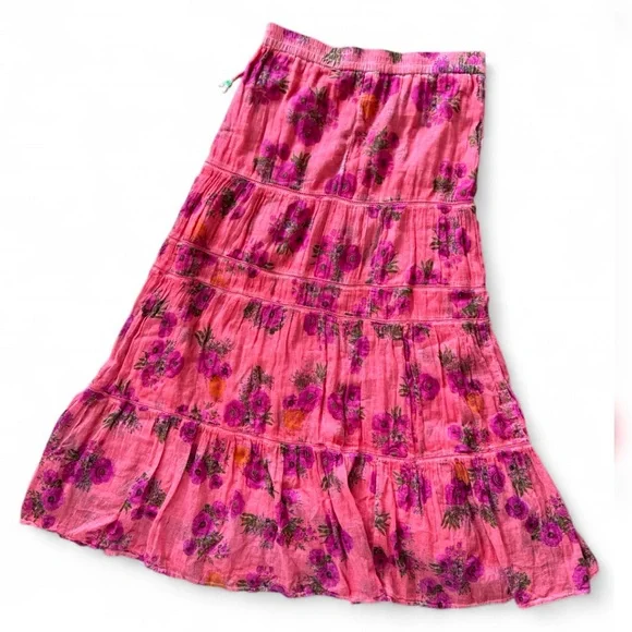 Anthropologie Raga M High Waisted Tiered Cotton Maxi Skirt Pink Floral A-Line - Picture 3 of 8